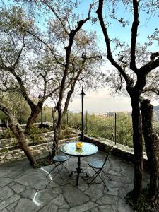 einen Tisch und Stühle auf einer Terrasse mit Bäumen in der Unterkunft Villa Panorama with beautiful private garden in Santa Margherita Ligure