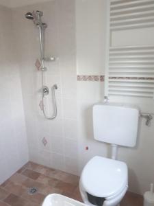 a white bathroom with a toilet and a shower at Il poggetto di Barbara Casa Grigia in Montorgiali
