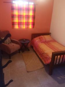 une petite chambre avec un lit et une chaise dans l'établissement Hostel del bosque, à San Cristóbal de Las Casas