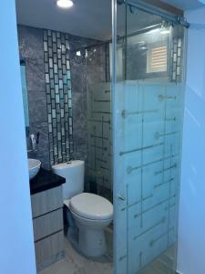 a bathroom with a toilet and a glass shower at Apartamento Lujoso Yumbo in Arroyo Hondo