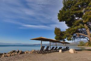 a group of chairs and umbrellas on a beach at Kalafatis beach home in Itea