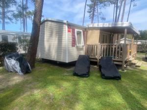 a tiny house with two chairs in the yard at Résidence des dunes de Contis in Saint-Julien-en-Born
