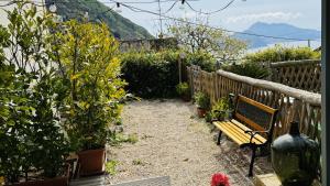 a wooden bench in a garden with potted plants at The Dream in Massa Lubrense