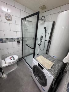 a washing machine in a bathroom with a toilet at La Flânerie Mauriacoise in Mauriac