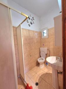 a bathroom with a shower and a toilet and a sink at J&B Countryside Life - Just for two in Ágios Matthaíos