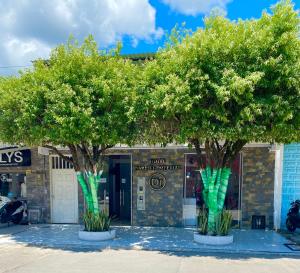 two trees with green leaves in front of a building at Daresff Imperial in Puerto Wilches