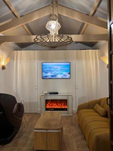 a living room with a couch and a fireplace at La Chaumière Luxury Domain with 2 Apartments Spa and Pool near Disneyland in Coupvray