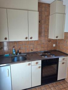 a kitchen with white cabinets and a sink at Apartment in Basel Eurovision! in Basel