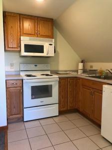 Il comprend une cuisine équipée d'une cuisinière blanche et d'un four micro-ondes. dans l'établissement Private, Quiet Vermont Studio With Mountain Views, à Guilford