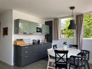 因斯布鲁克Holidayhome OMYXL的厨房配有绿色橱柜和桌椅