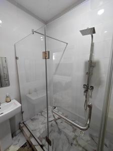 a bathroom with a shower and a sink at Lekki Conservational Apartment - 24hrs Power, Wifi, Smart TV, Netflix, Nature View in Lekki