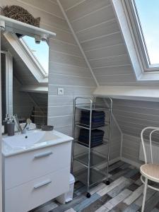 ein Badezimmer mit Waschbecken und Oberlicht in der Unterkunft Chez Valentine in Grand-Fort-Philippe