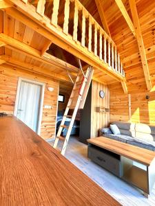 a loft bed in a wooden room with a ladder at Eternum Glamping in Žabljak