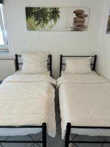 リューデスハイムにあるRüdesheim Monteurwohnungの部屋に並んで置かれた2つのベッド