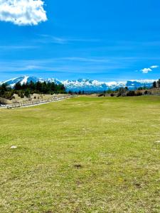 a large green field with mountains in the background at Eternum Glamping in Žabljak