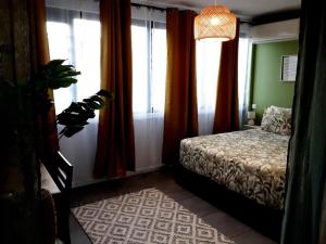 a bedroom with a bed and windows with curtains at F2 Cookoon Toata Papeete in Papeete