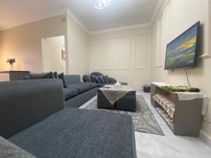 a living room with a couch and a tv at Comfortable 3BR New Cairo Prime Spot in Cairo