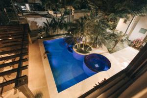 an overhead view of a large swimming pool with palm trees at Jardim do Rio Suítes in Florianópolis