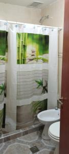 a bathroom with a toilet and a shower curtain at Dulce Adelina II Zona Céntrica in Río Grande