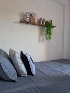 a bedroom with a bed with pillows and a shelf at Aeroporto 2 Quartos Self-chek in in Recife