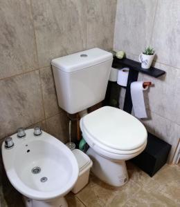 a bathroom with a white toilet and a sink at Elmosquetal in Villa Yacanto