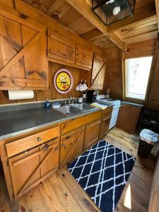 a kitchen with wooden cabinets and a sink in a cabin at Bearly Behavin in Blue Ridge +93 photos