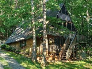 a large log cabin in the woods with trees at Bearly Behavin in Blue Ridge