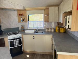 a small kitchen with a stove and a sink at JS Holidays The Westmorland Lagganhouse in Ballantrae