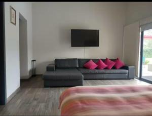ein Wohnzimmer mit einem schwarzen Sofa mit rosa Kissen in der Unterkunft CASA MOSHI in Malinalco