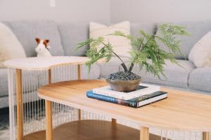 a coffee table with a potted plant on top of books at A Luxury Yosemite Retreat in Mariposa +39 photos