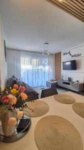 Televízia a/alebo spoločenská miestnosť v ubytovaní Apartament Black-White