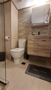 a bathroom with a toilet and a sink and a mirror at Seaside Apartment - Charlie's House in Chalkida +15 photos