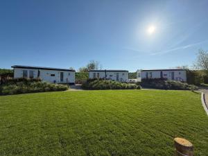a row of mobile homes in a grassy field at Camping Wad noch Meer in Anna Paulowna