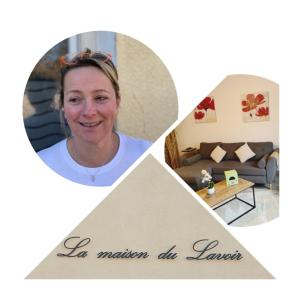 a woman is smiling in a living room at La maison du lavoir in Fain-lès-Montbard