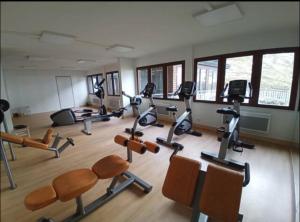 ein Fitnessstudio mit mehreren Laufbändern und Ergometern in der Unterkunft Le fleuri ensoleillé de Guzet in Ustou