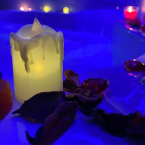 a candle and some leaves on a table at Prenoćište SILVER LUX Srebrno Jezero 13 in Veliko Gradište +82 photos