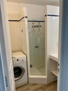 a shower in a bathroom with a washing machine at Villa Porto vecchio vue mer 5 étoiles piscine parking privé gratuit in Porto-Vecchio