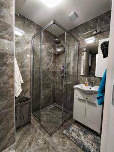 a bathroom with a shower and a sink at Bukefal apartment in Skopje