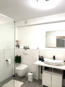 a white bathroom with a toilet and a sink at ViDa Apartment in Sinzheim