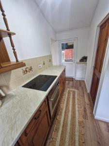 a kitchen with a sink and a counter top at 57 penlan holiday park in Cenarth +3 photos