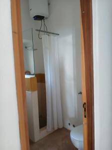 a bathroom with a toilet and a shower curtain at Casa al Vallone in Alicudi
