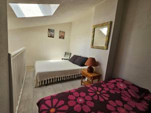 a bedroom with a bed and a mirror at Bel appartement climatisé vu sur l'étang in Leucate-Plage