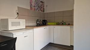 a kitchen with white cabinets and a microwave at Studio proche centre historique in Altkirch