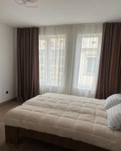 een slaapkamer met een groot bed en twee ramen bij Cassa Massa in Kyustendil