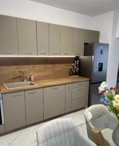 een keuken met witte kasten, een wastafel en een koelkast bij Cassa Massa in Kyustendil