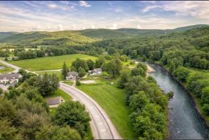 an aerial view of a road and a river at Lincoln Inn & Gallery in Woodstock