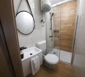 a bathroom with a toilet and a shower and a mirror at Rooms Depikolo in Krk