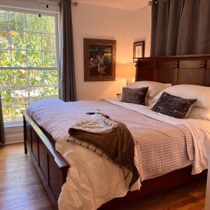a bedroom with two beds and a large window at cozy retreat in upscale Green Hills in west Nashville in Nashville