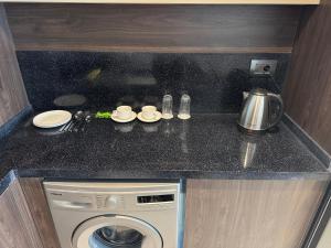 a kitchen counter with a washing machine in a caravan at SeaBreeze Resort Baku Apartment Studio in Baku +33 photos
