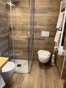 a bathroom with a toilet and a shower at Garni al Barance in Selva di Cadore